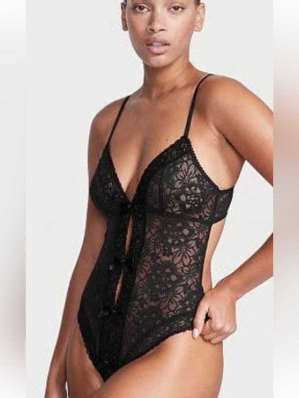 💝NWOT Victoria's Secret Black Lace Bow Front Teddy 💝
